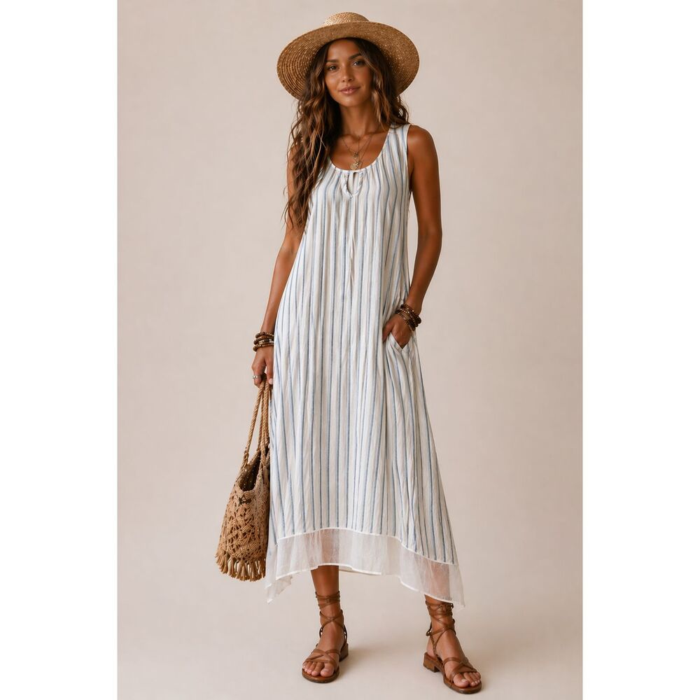 For Cynthia Multi-Stripe Linen Blend Sleeveless Shift Dress Neutral Size Medium